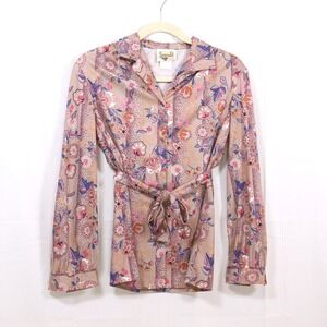 Legends Floral Blouse 8 Tan Womens Vintage Tie Waist Top